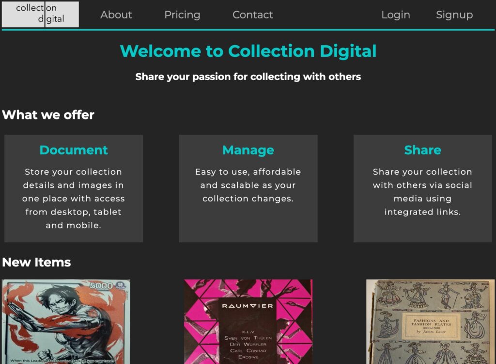 a screenshot of Collection Digital website, Homepage