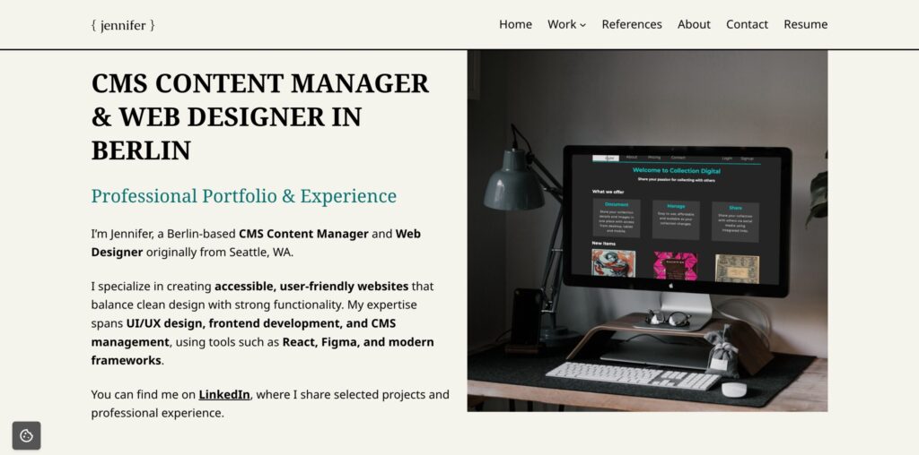 Screenshot of Jennifer Rothrock’s WordPress portfolio homepage, showing CMS management, web design projects, and responsive layout.