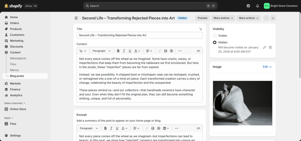 Blog post editing interface on Shopify