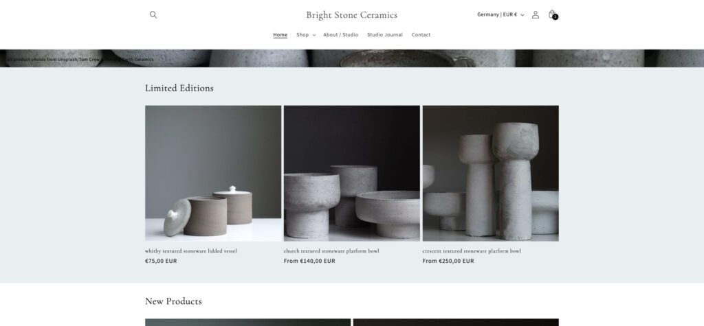 Limited Editions section on homepage, ceramic products in minimalist display.