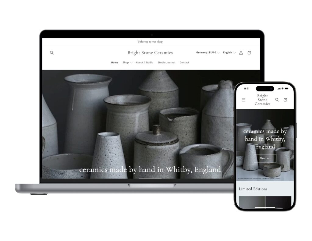 Mac and iOS device mockups of Bright Stone Ceramics homepage