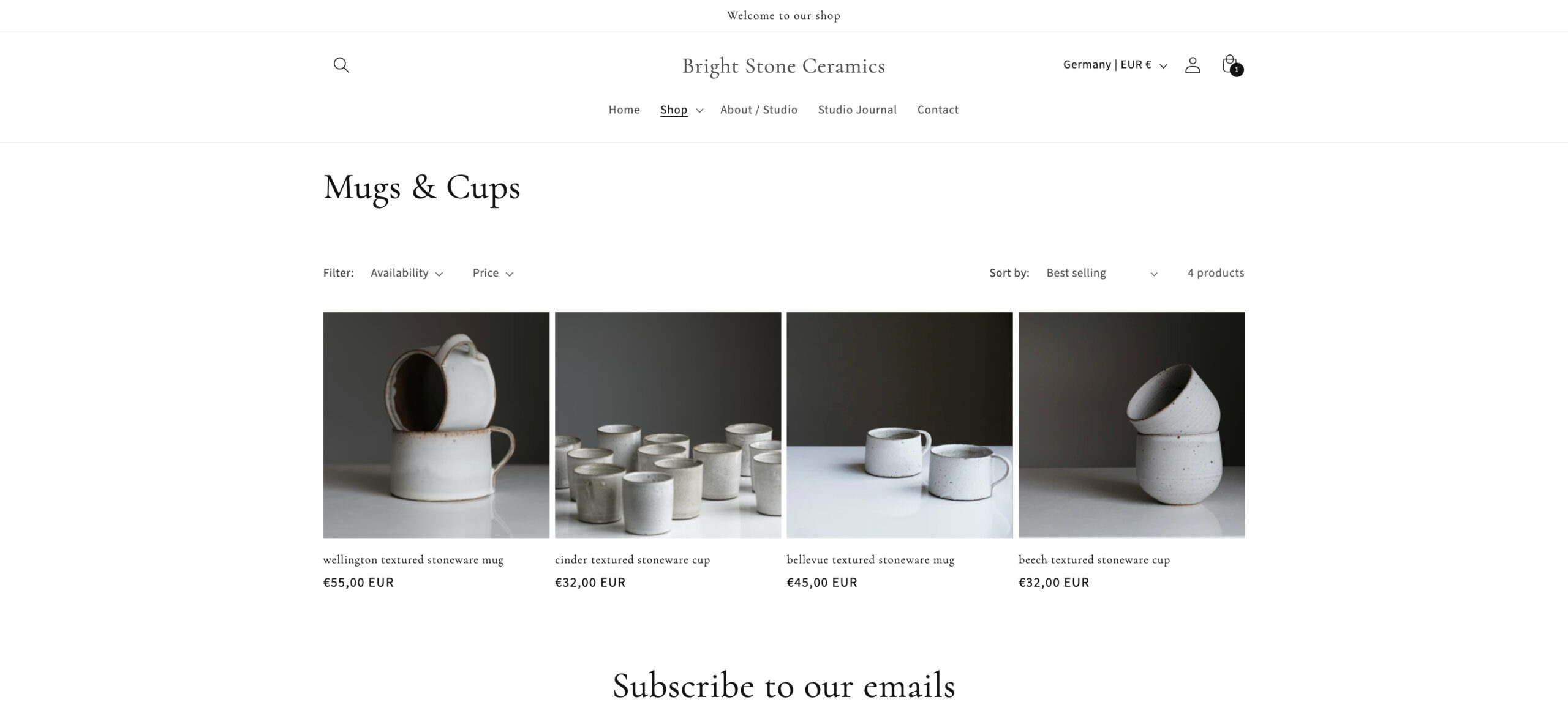 Product Collection page, ceramic products displayed for sale
