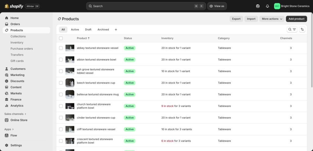 Product list from Shopify admin panel