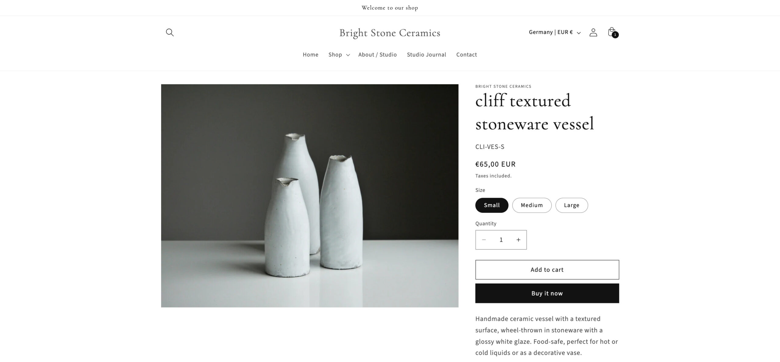Product page in Shopify, three textured stoneware vases displayed.