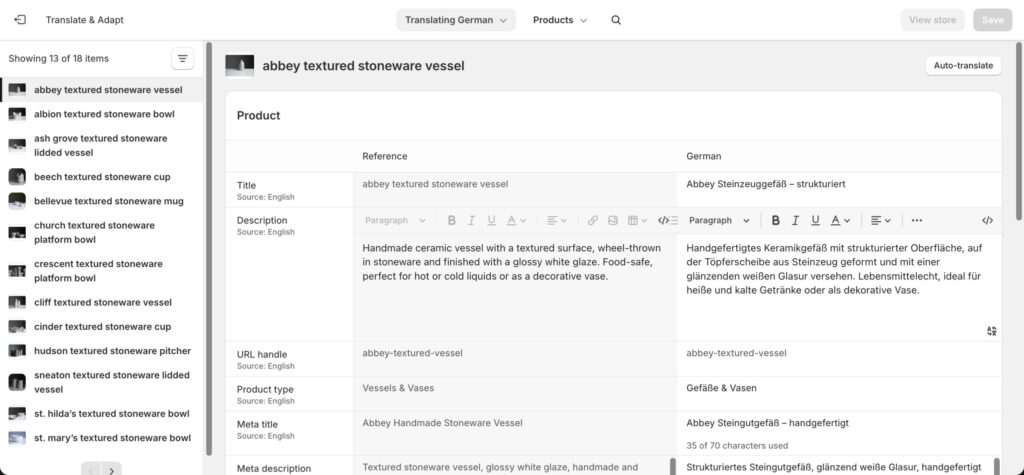 Product Translation admin interface