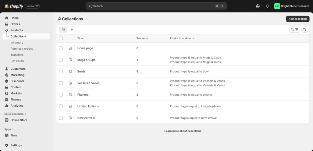Shopify collections management interface