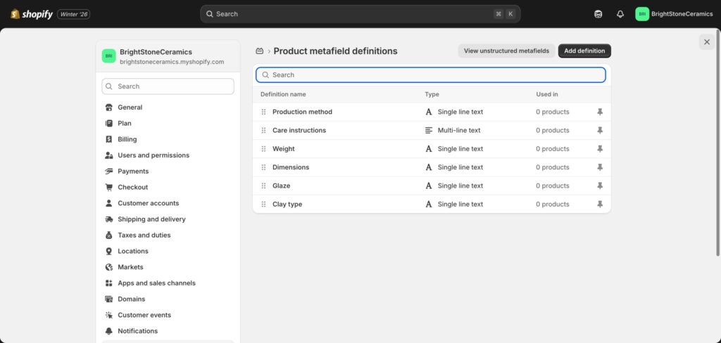Shopify product metafield definitions interface
